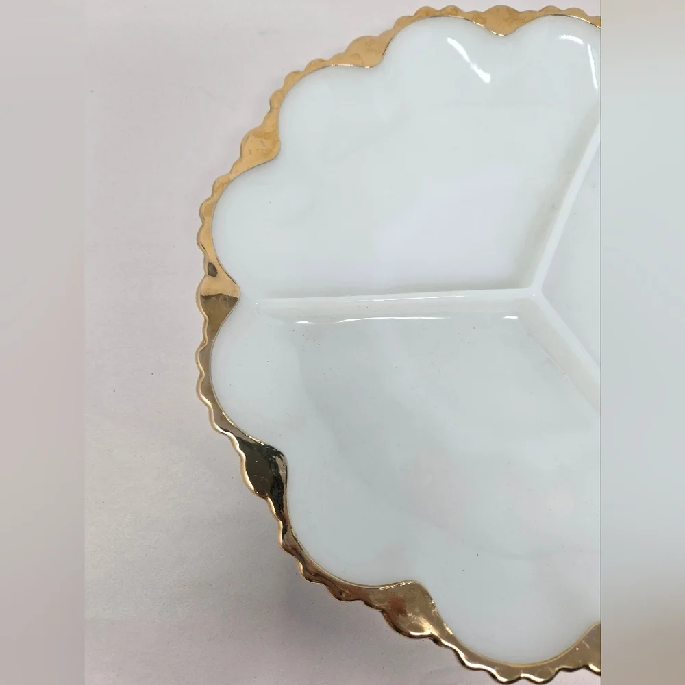 Anchor Hocking Fire-King Milk Glass-Gold Relish Cheese Cracker Dish 3 Sections